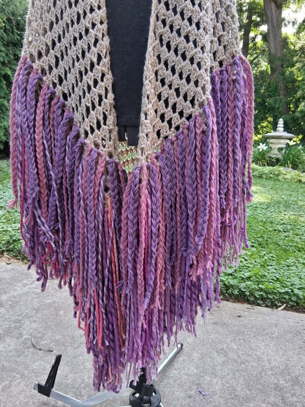 Boho Beige Multi colors Purple pink Bulky Double Braided Fringe Shawl O/S - Picture 9 of 12